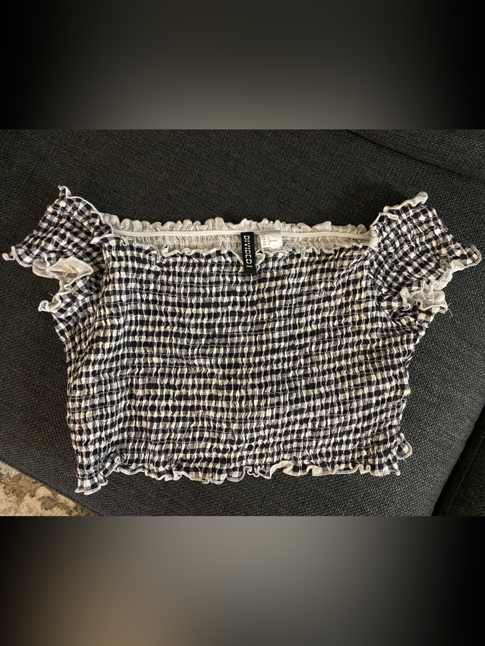 H&M Black and White Gingham Smocked Off-Shoulder Ruffle Hem Crop Top Size L